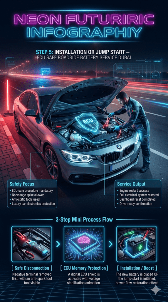 Infographic showing ECU-safe installation or jump start process for roadside car battery service in Dubai with luxury vehicle, technician, and battery replacement workflow.