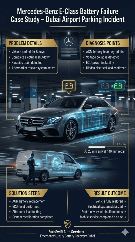 Luxury Car Battery Failure Case Study – Mercedes-Benz E-Class Breakdown in Dubai Airport Parking Case study infographic showing Mercedes-Benz E-Class battery failure at Dubai airport parking with diagnosis, repair steps, and mobile roadside recovery service.