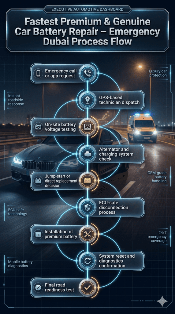 Emergency Car Battery Repair Process Flow in Dubai β Step-by-Step Guide Futuristic infographic showing step-by-step emergency car battery repair process in Dubai, including technician dispatch, battery testing, ECU-safe installation, and final diagnostics in a structured workflow design with luxury automotive styling.