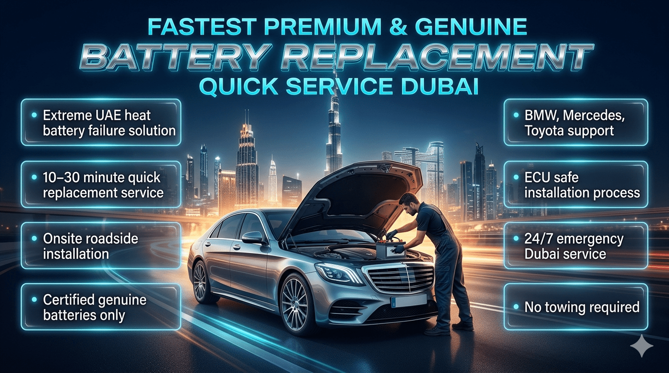 Luxury infographic showing fastest premium car battery replacement service in Dubai with technician installing battery in luxury car, Dubai skyline background, and service highlights on both sides.