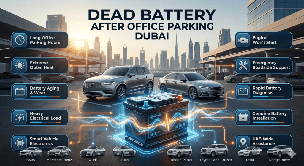 Dead Battery After Office Parking Dubai infographic showing a luxury vehicle battery failure caused by extreme heat, long office parking hours, battery aging, and electrical load, with emergency roadside battery replacement services in Dubai.