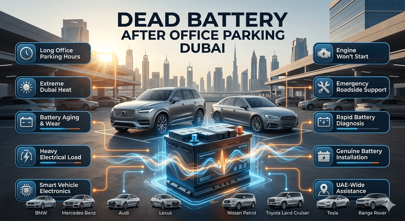 Dead Battery After Office Parking Dubai infographic showing a luxury vehicle battery failure caused by extreme heat, long office parking hours, battery aging, and electrical load, with emergency roadside battery replacement services in Dubai.