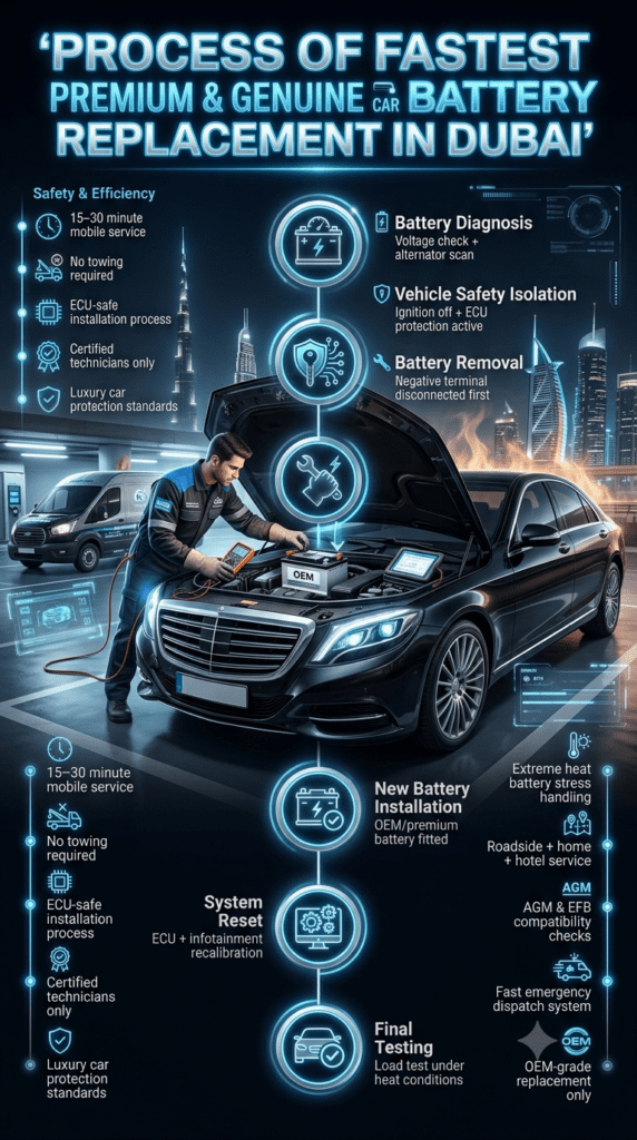 Step-by-step infographic showing professional mobile car battery replacement process in Dubai including diagnosis, safety isolation, installation, ECU reset, and final testing for luxury and standard vehicles.