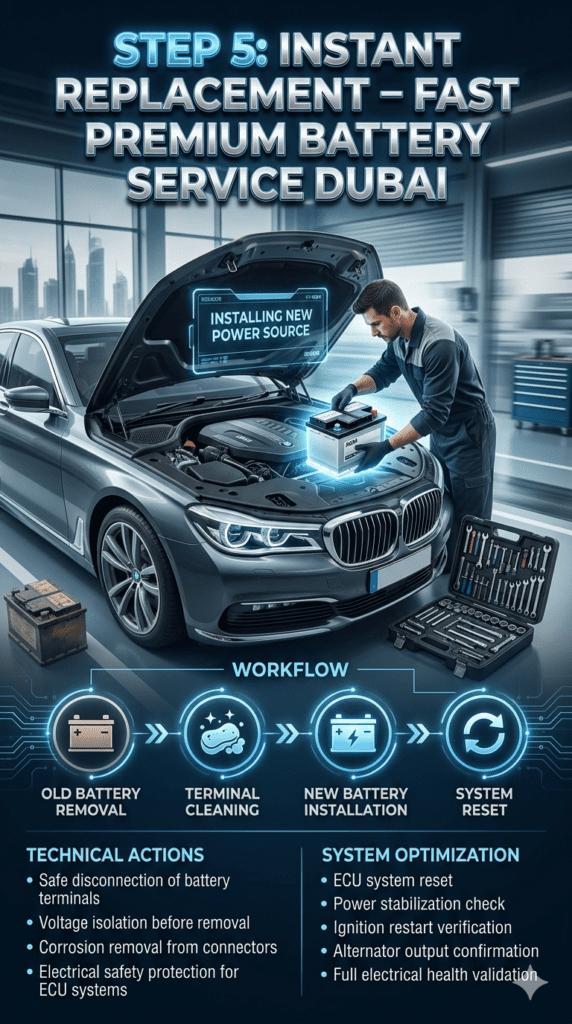 Automotive technician replacing a car battery in a luxury vehicle showing old battery removal, terminal cleaning, installation, and system reset process in Dubai.