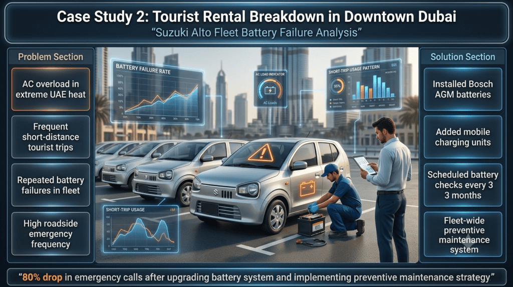 Case Study: Suzuki Alto Rental Battery Failure in Downtown Dubai Fleet Suzuki Alto rental fleet case study showing battery failures in Dubai tourist cars with solution using Bosch AGM batteries and preventive maintenance system.