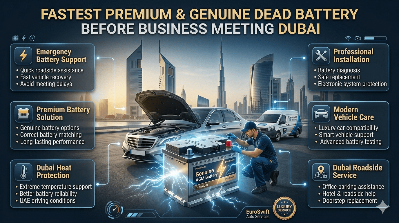 Fastest premium genuine dead car battery replacement before business meeting in Dubai showing emergency roadside assistance, battery installation, and professional vehicle service guide.