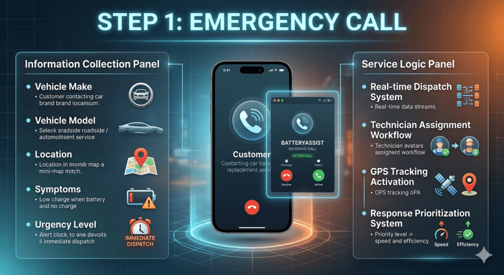 Infographic showing Step 1 of mobile battery service where customer calls, providing vehicle details, location, symptoms, and urgency level.