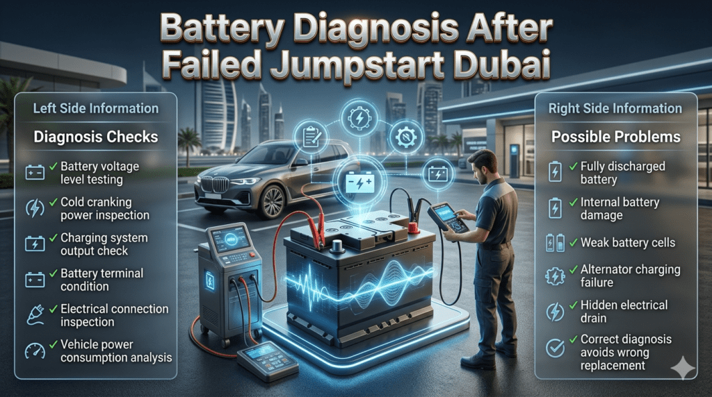 Battery Diagnosis After Failed Jumpstart Dubai – Complete Inspection Guide Battery diagnosis after failed jumpstart Dubai showing professional inspection of voltage, charging system, terminals, and electrical problems