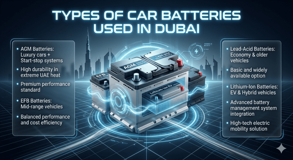 Infographic showing types of car batteries used in Dubai including AGM, EFB, Lead-Acid, and Lithium-Ion with luxury automotive design and UAE context.