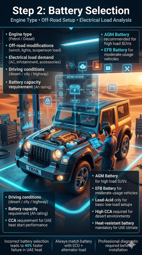 Step 2: Battery Selection Guide | Mahindra Thar UAE Expert System Mahindra Thar battery selection infographic showing engine type, off-road modifications, and electrical load factors with diagnostic UI in UAE workshop environment.
