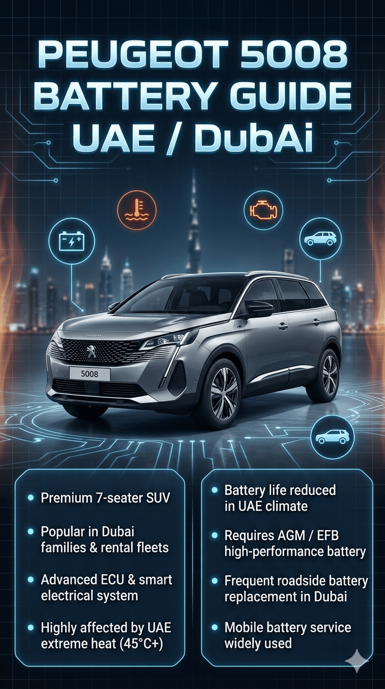 Peugeot 5008 car battery guide infographic showing SUV battery replacement tips, UAE heat impact, and Dubai roadside battery service information.