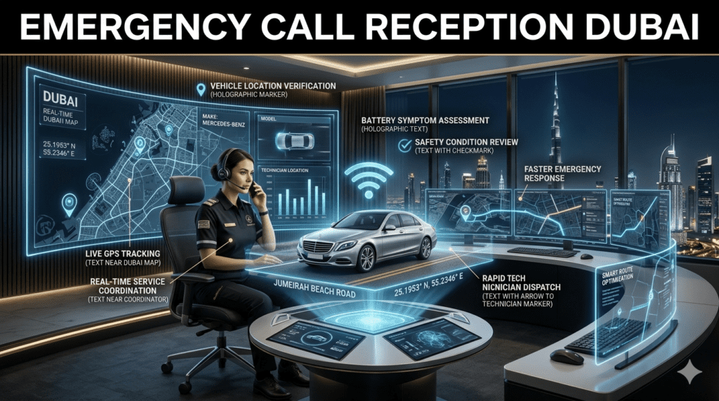 Emergency Call Reception Dubai – Fast Battery Assistance Dispatch Professional emergency call reception for car battery assistance in Dubai, featuring a service coordinator, live vehicle tracking, dispatch technology, and rapid-response roadside support coordination.
