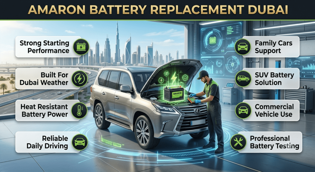 Amaron Battery Replacement Dubai showing premium car battery installation, strong starting performance, heat resistance, and professional automotive service.