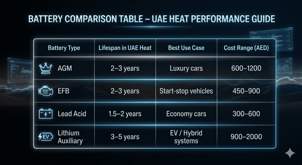Futuristic battery comparison table infographic showing AGM, EFB, Lead Acid, and Lithium battery lifespan, cost, and usage in UAE heat conditions.