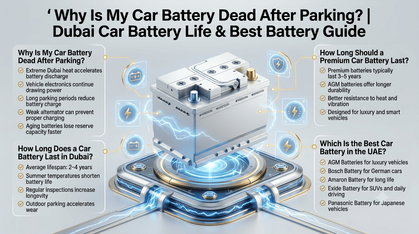 Professional automotive infographic explaining why a car battery dies after parking, average car battery lifespan in Dubai, premium battery longevity, and the best car battery options in the UAE. Central premium battery illustration with animated data points and modern Dubai automotive design.