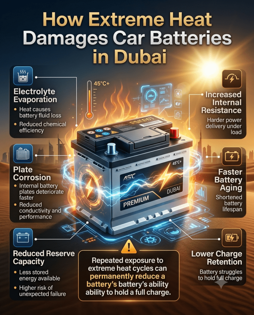 Professional automotive infographic showing how extreme Dubai heat accelerates battery chemical reactions, causing electrolyte evaporation, plate corrosion, reduced reserve capacity, increased internal resistance, faster battery aging, and lower charge retention.
