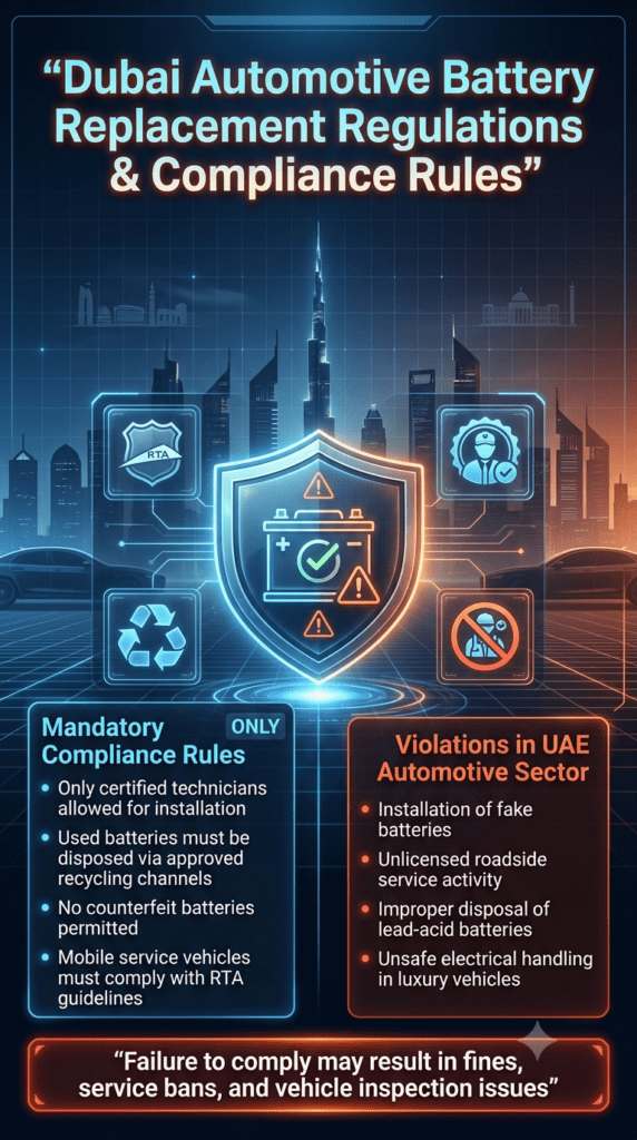 Dubai Automotive Battery Replacement Regulations β Compliance Rules & Violations Guide Premium infographic showing Dubai automotive battery replacement regulations, including certified technician rules, recycling requirements, counterfeit battery restrictions, and violation penalties.