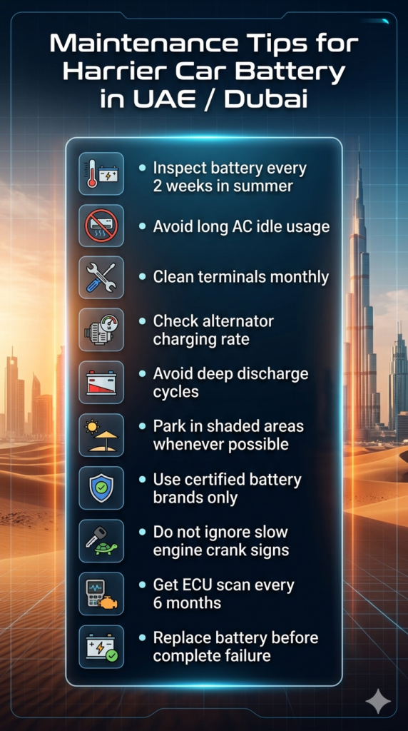 Harrier Battery Maintenance Tips – UAE / Dubai Care Guide Futuristic maintenance checklist infographic for Tata Harrier battery care in UAE showing tips like inspection, alternator check, and avoiding deep discharge.