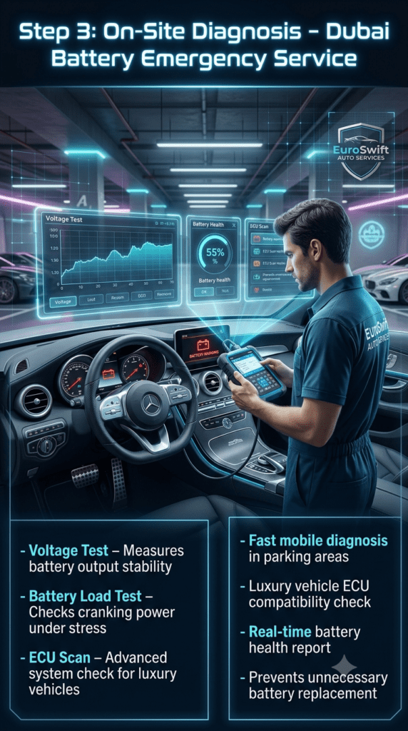 Infographic showing mobile technician performing on-site car battery diagnosis in Dubai parking including voltage test, battery load test, and ECU scan on a luxury vehicle.