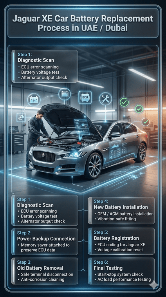 Step-by-step infographic showing Jaguar XE car battery replacement process in UAE/Dubai including diagnostic scan, battery removal, installation, ECU coding, and final testing in a premium automotive workshop.