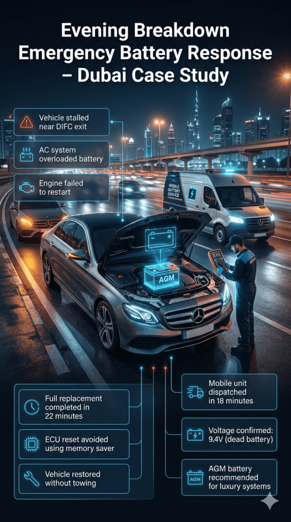 Luxury Mercedes-Benz E-Class breakdown in Dubai with mobile battery service showing emergency replacement, diagnostics, and quick recovery process.