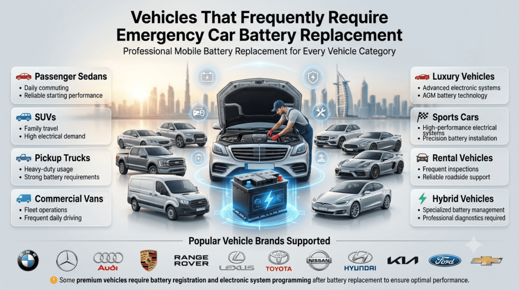 Vehicles That Frequently Require Emergency Car Battery Replacement Premium infographic showing the different types of vehicles that commonly require emergency car battery replacement, including sedans, SUVs, pickup trucks, vans, luxury cars, sports cars, rental vehicles, and hybrid vehicles.