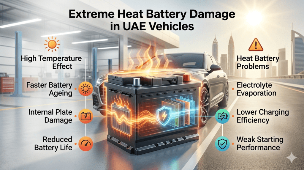 Extreme heat battery damage in UAE vehicles showing how high temperatures reduce car battery lifespan and affect performance.