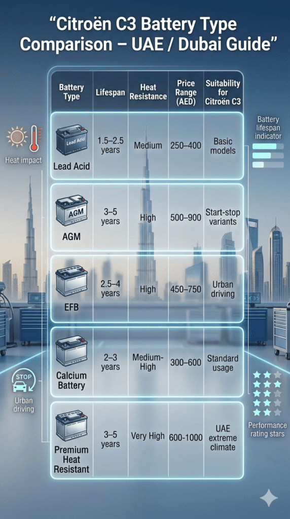 Citroën C3 battery type comparison table showing lifespan, heat resistance, price range, and suitability for UAE driving conditions including AGM, EFB, and heat resistant batteries.
