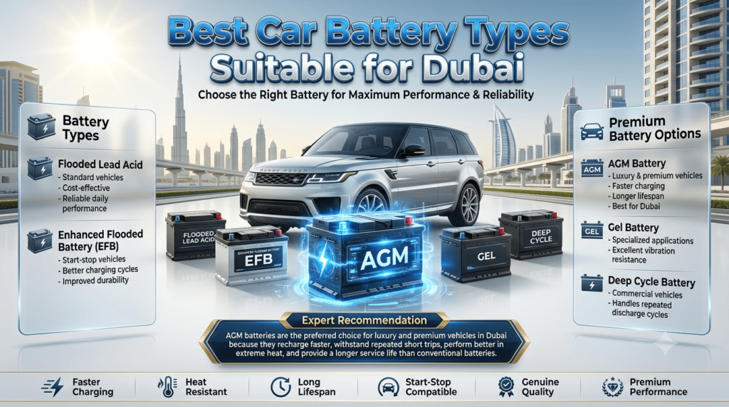 Best Car Battery Types Suitable for Dubai | Premium User Guide Premium infographic comparing the best car battery types for Dubai, including Flooded Lead Acid, EFB, AGM, Gel, and Deep Cycle batteries, with AGM highlighted as the recommended choice for luxury vehicles.