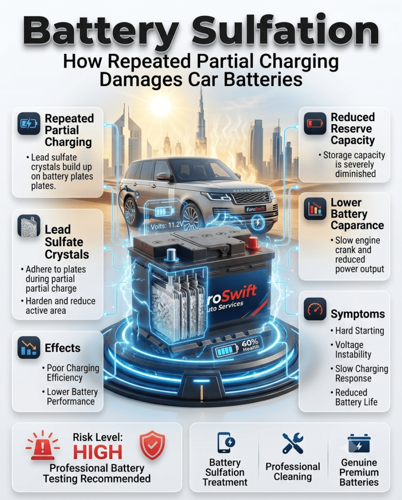 Battery Sulfation infographic showing lead sulfate crystal buildup on battery plates, common symptoms, and the high risk of battery failure in Dubai's extreme climate.