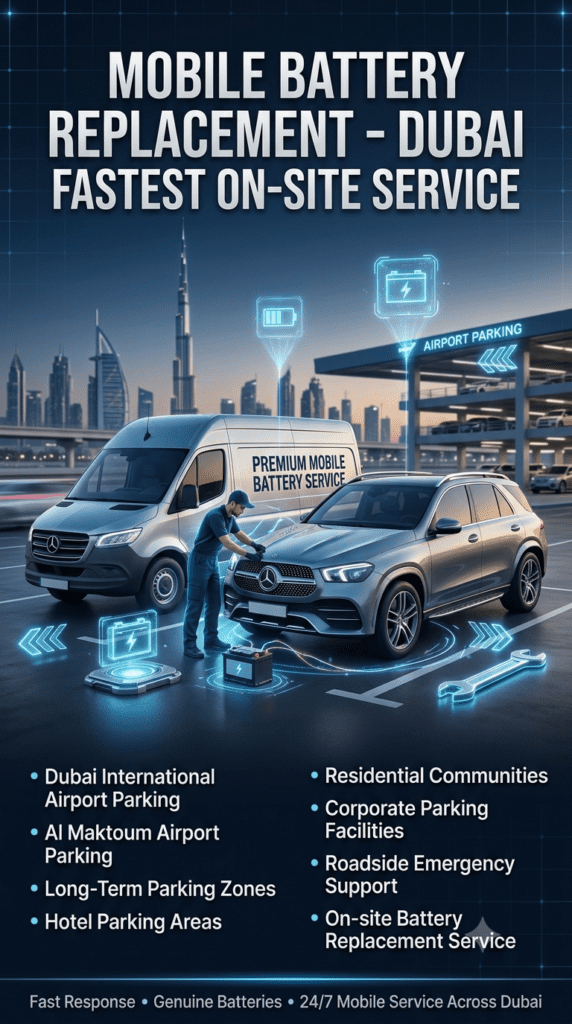 Mobile Battery Replacement Dubai – Fast On-Site Airport & City Service Guide Mobile battery replacement service in Dubai showing technician replacing car battery at airport parking, covering airport, hotel, residential, and corporate locations with fast on-site support.