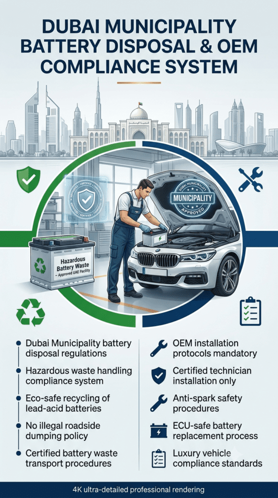 Dubai battery disposal and OEM compliance infographic showing hazardous waste handling, certified installation protocols, and government-approved automotive service standards.