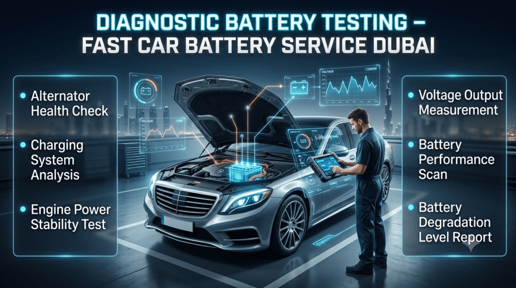 Luxury car diagnostic battery testing infographic showing alternator health, voltage output, and battery degradation analysis using digital scanning tools in a modern Dubai automotive environment.