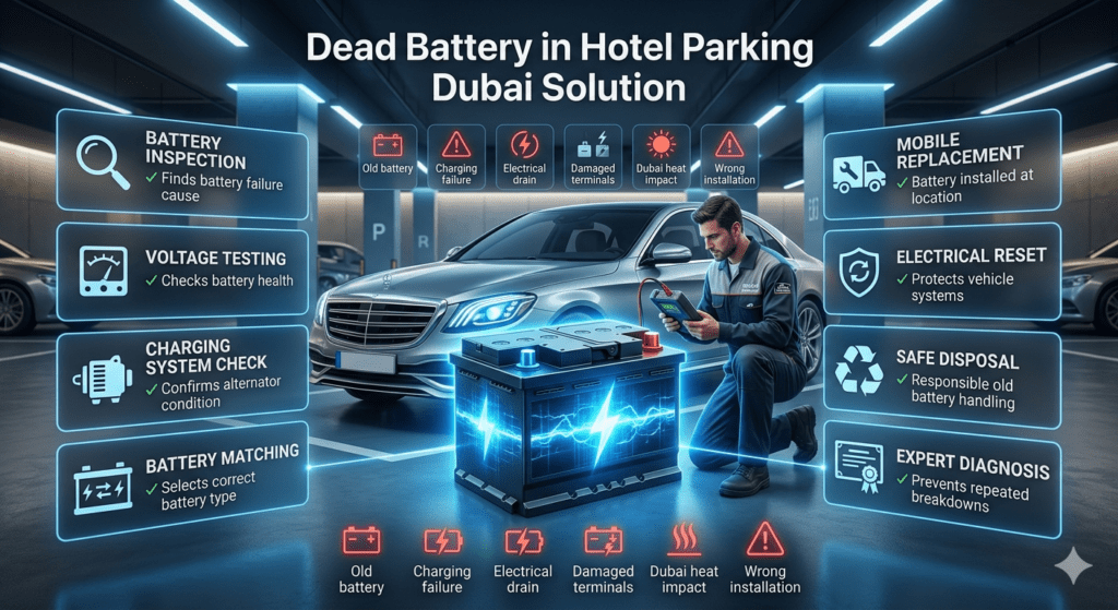 Dead Battery in Hotel Parking Dubai Solution infographic showing battery inspection, voltage testing, mobile replacement, electrical reset, and professional emergency car battery service.