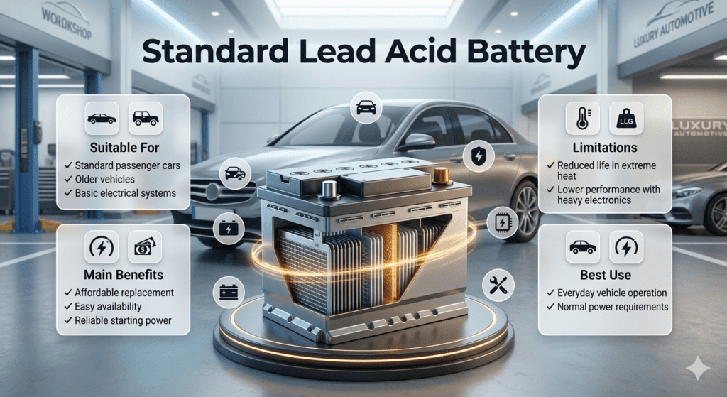Standard Lead Acid Battery guide showing affordable car battery replacement, suitable vehicles, advantages, and limitations in automotive service infographic style.