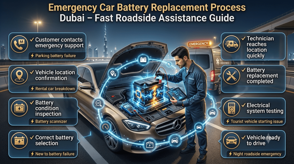 Emergency car battery replacement process in Dubai showing roadside assistance steps, battery inspection, replacement, and final testing