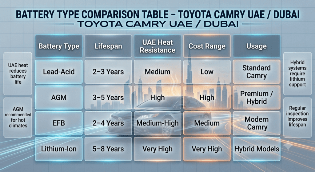 Automotive infographic showing battery type comparison table for Toyota Camry in UAE, including Lead-Acid, AGM, EFB, and Lithium-Ion batteries with lifespan, heat resistance, cost, and usage details.