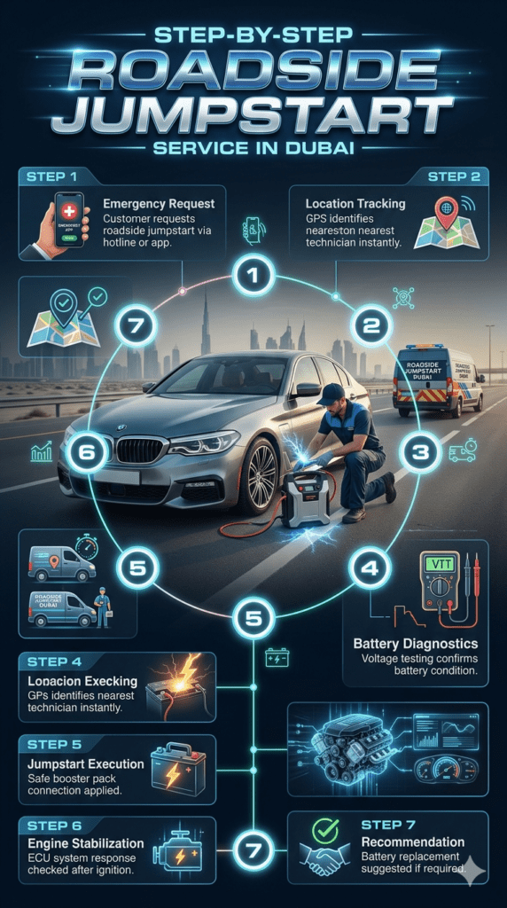 Step-by-step roadside jumpstart process in Dubai showing emergency request, GPS dispatch, technician arrival, battery diagnostics, jumpstart execution, engine stabilization, and recommendation using a futuristic infographic layout around a luxury car scene.