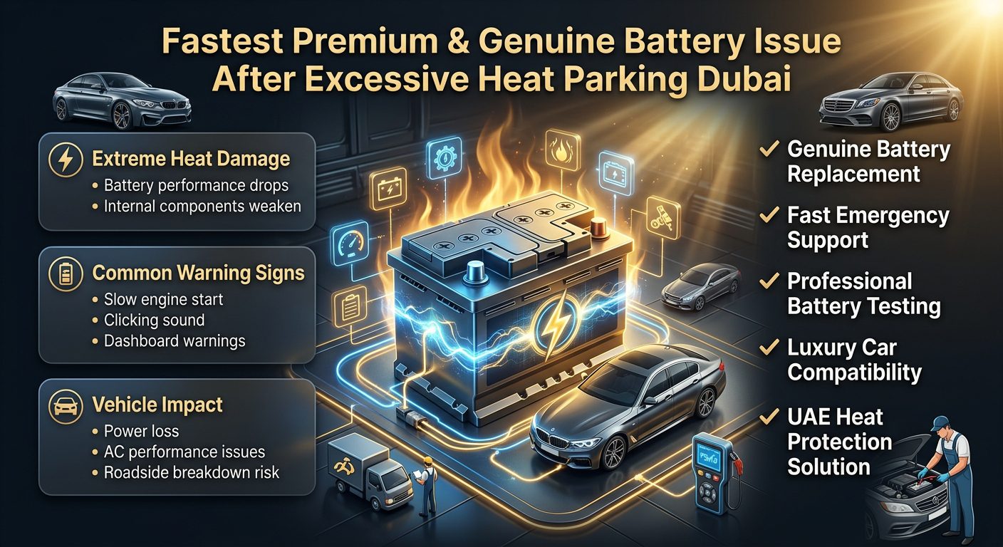 Fastest premium and genuine car battery issue after excessive heat parking Dubai showing battery damage symptoms, heat effects, and professional replacement solution.