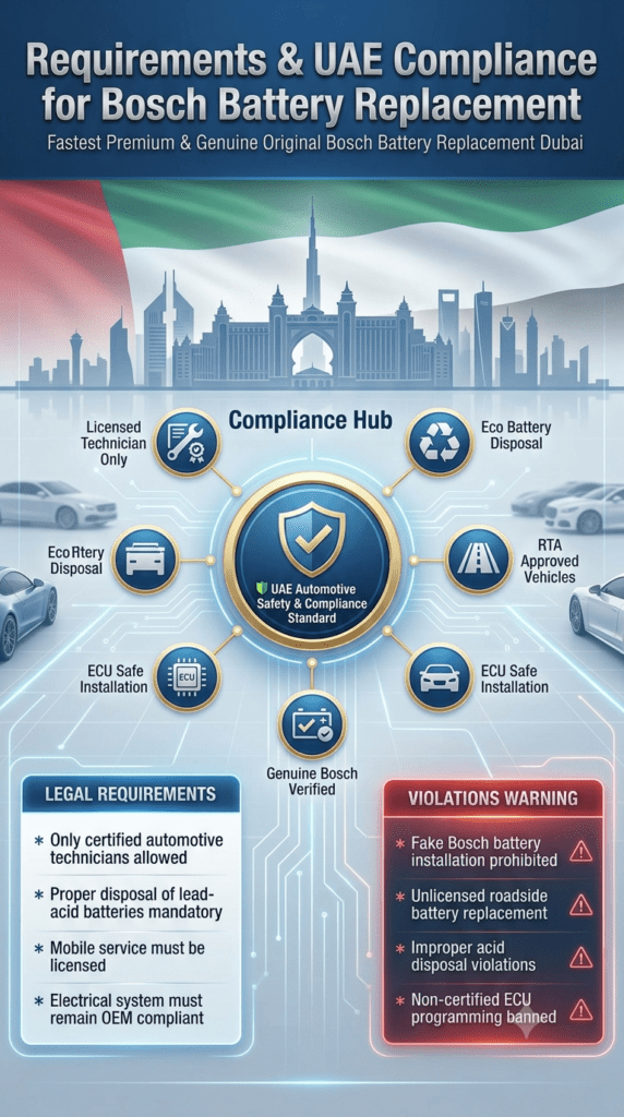 Infographic showing UAE legal requirements and compliance rules for Bosch battery replacement in Dubai including licensing, disposal rules, and violations.