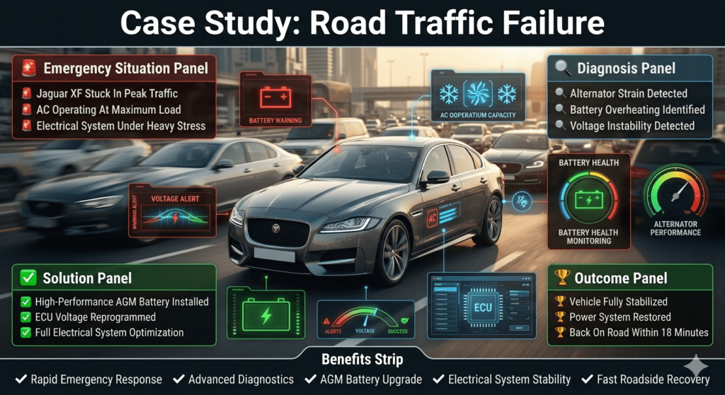 Jaguar XF roadside battery failure case study infographic showing traffic breakdown, alternator strain diagnosis, AGM battery replacement, and vehicle recovery within 18 minutes.