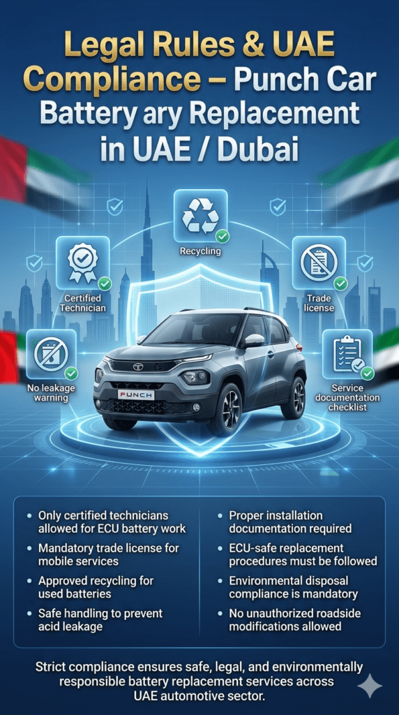 Legal Rules & UAE Compliance – Punch Car Battery Replacement in UAE / Dubai “Futuristic legal compliance infographic showing Tata Punch surrounded by certification, recycling, and safety icons under UAE automotive regulations.”