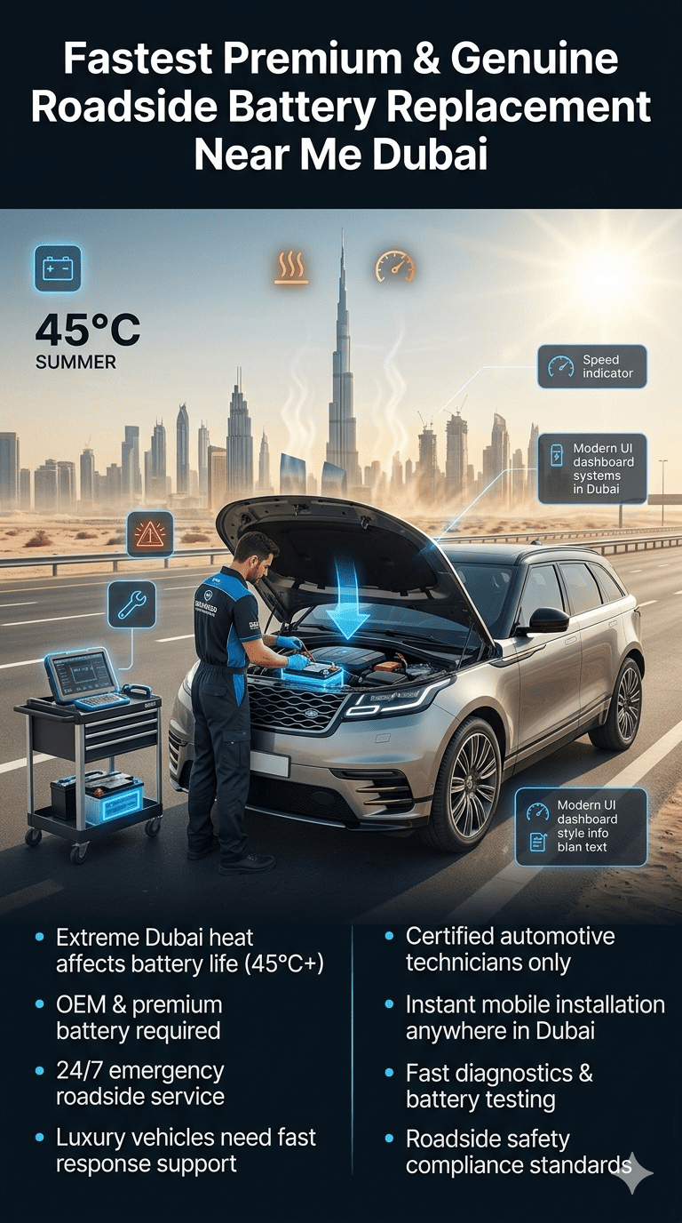 Luxury roadside car battery replacement service in Dubai showing technician installing premium battery in SUV with Dubai skyline and heat wave background infographic style