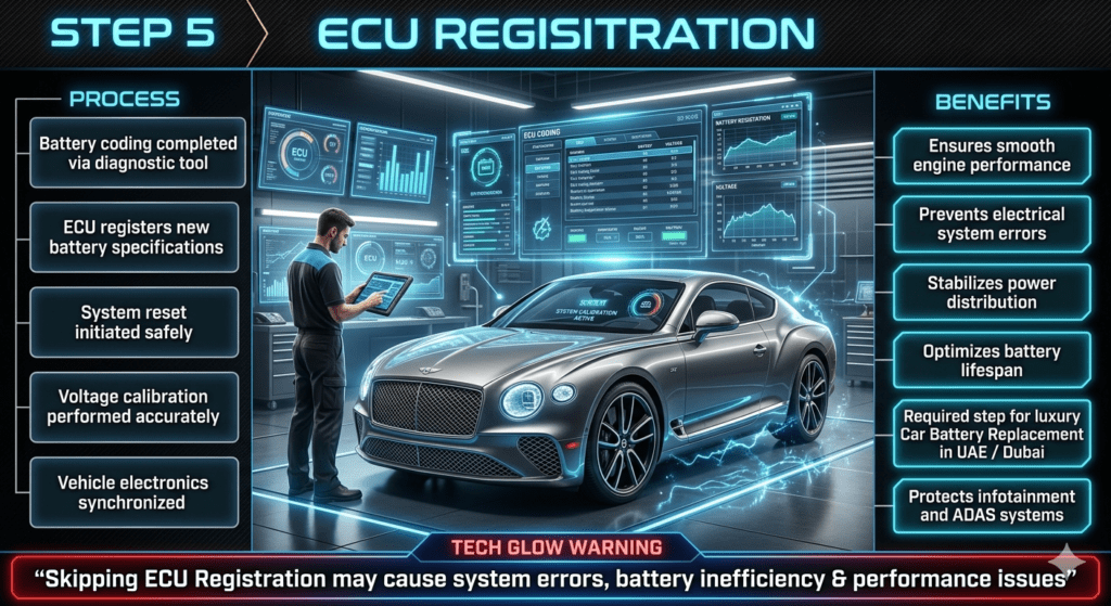 Luxury automotive infographic showing Bentley Continental GT ECU registration step with battery coding, system reset, and voltage calibration using diagnostic tools in a high-tech workshop.