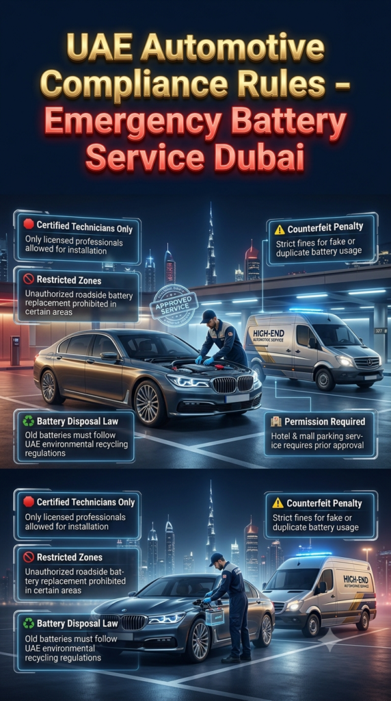 Luxury Dubai automotive compliance infographic showing certified technician rules, legal regulations, and battery service restrictions in event parking areas.