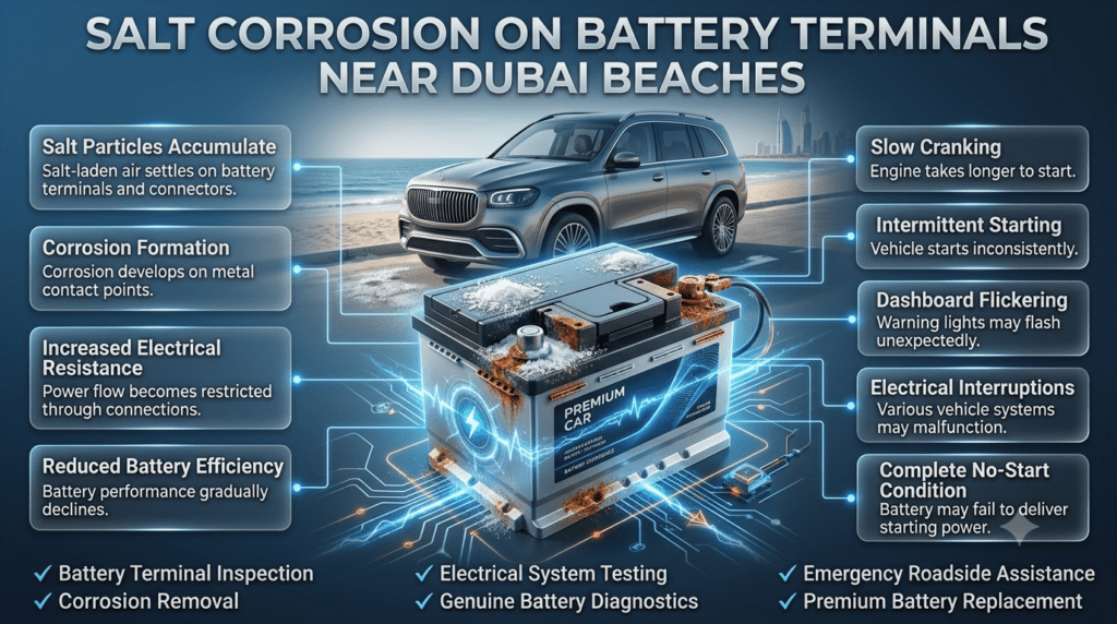 Premium automotive infographic explaining how salt particles cause battery terminal corrosion near Dubai beaches, highlighting slow cranking, intermittent starting, dashboard flickering, electrical interruptions, and complete no-start conditions with a luxury vehicle and battery system illustration.