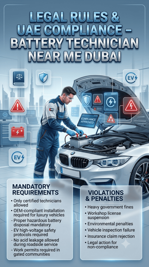 UAE Battery Technician Compliance Rules Dubai β Legal & Safety Standards Guide Professional automotive compliance infographic showing UAE battery technician legal rules in Dubai with certified technician, safety requirements, and violation penalties displayed in structured panels.