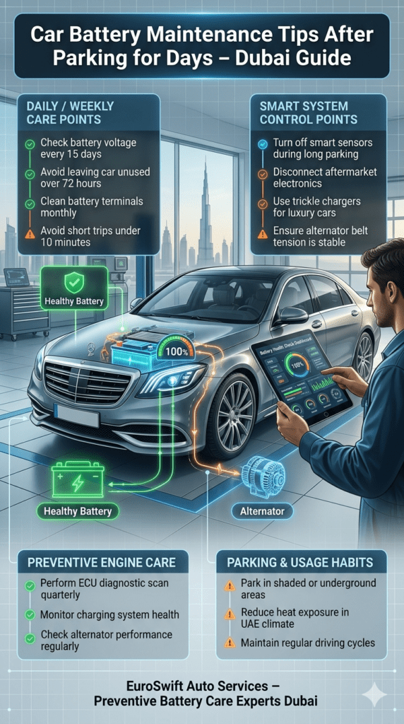 Car Battery Maintenance Tips After Parking for Days – Dubai Preventive Guide Automotive maintenance infographic showing car battery care tips after parking in Dubai including voltage checks, sensor management, ECU scans, and preventive maintenance practices.