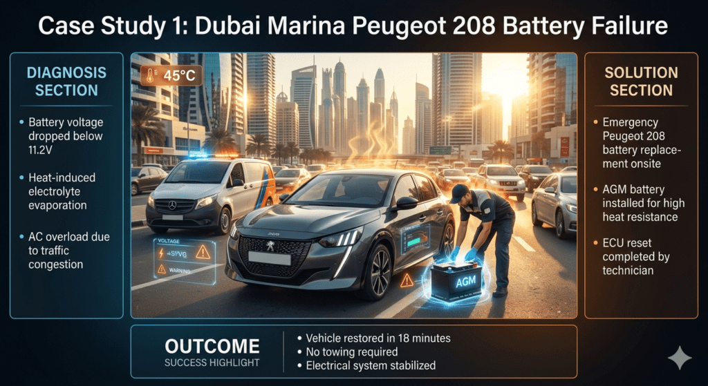 Case study infographic showing Peugeot 208 battery failure in Dubai Marina with diagnosis, emergency replacement, AGM battery installation, ECU reset, and recovery outcome.