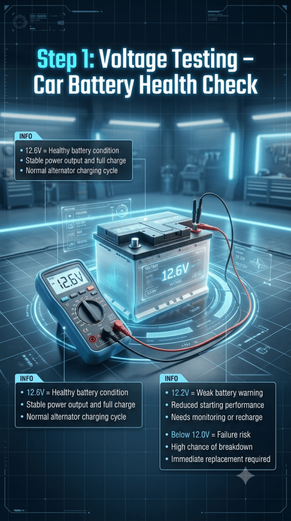 Automotive diagnostic infographic showing car battery voltage testing with multimeter readings: 12.6V healthy, 12.2V weak, and below 12.0V failure risk in a futuristic Dubai service workshop.